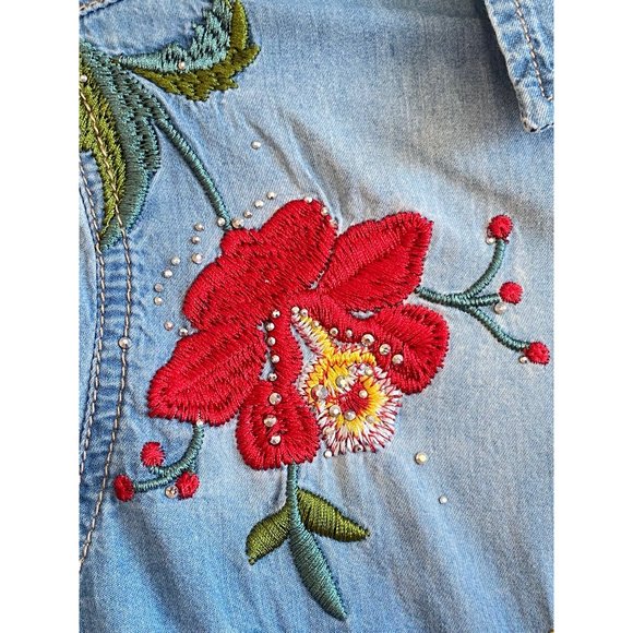 Sinclair Wear Western Denim Flower Shirt Embroidered Cotton Button Down - Picture 13 of 16